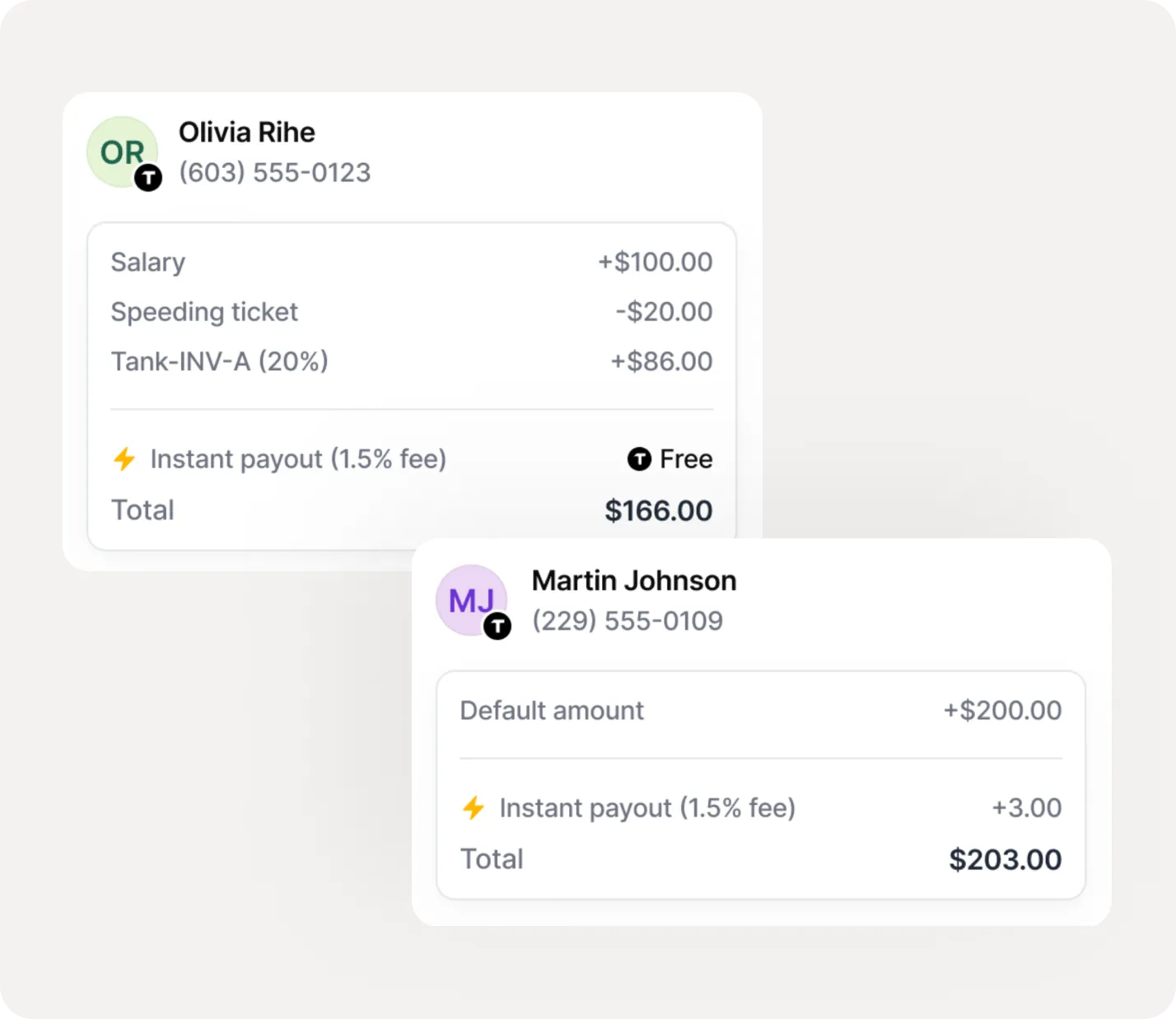 Two financial summary cards showing payouts: Olivia Rihe with a net total of $166.00 free of instant payout fee, and Martin Johnson with a net total of $203.00 including a $3 instant payout fee.