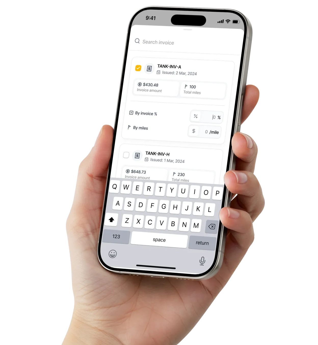 Hand holding smartphone showing an invoice app with invoices for TANK-INV-A and TANK-INV-H, the keyboard visible at the bottom.