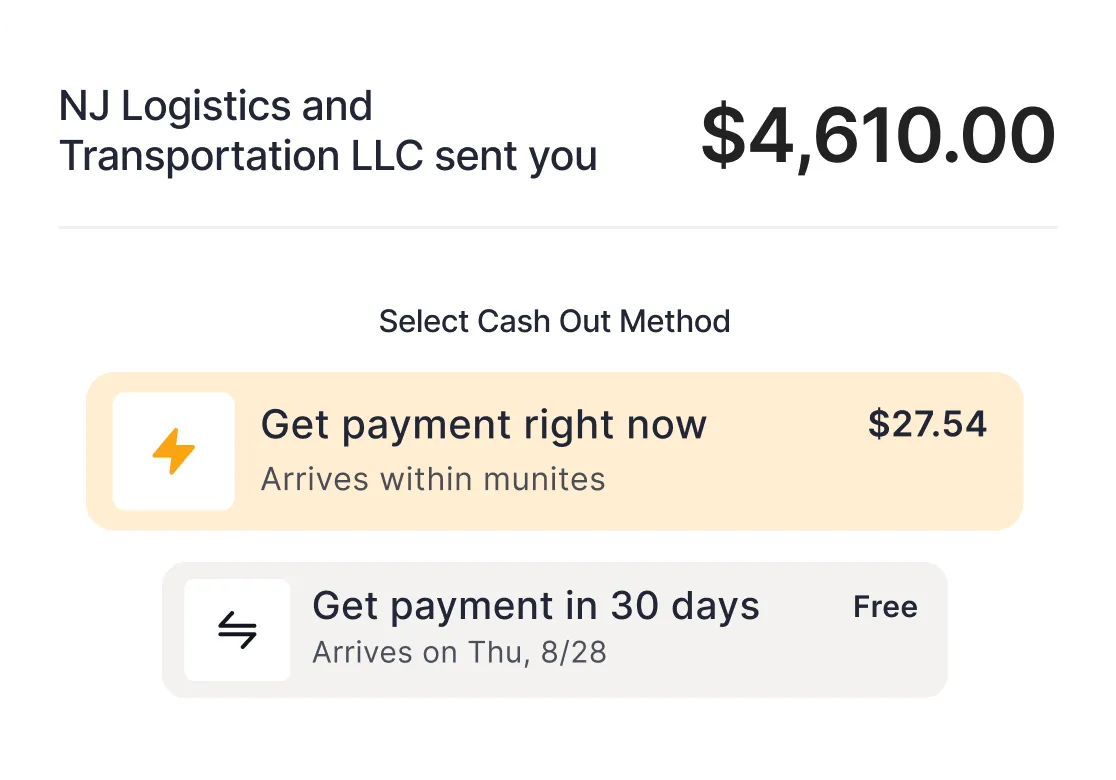Payment screen showing NJ Logistics and Transportation LLC sent $4,610.00 with options to get payment right now for $27.54 or get payment in 30 days for free.
