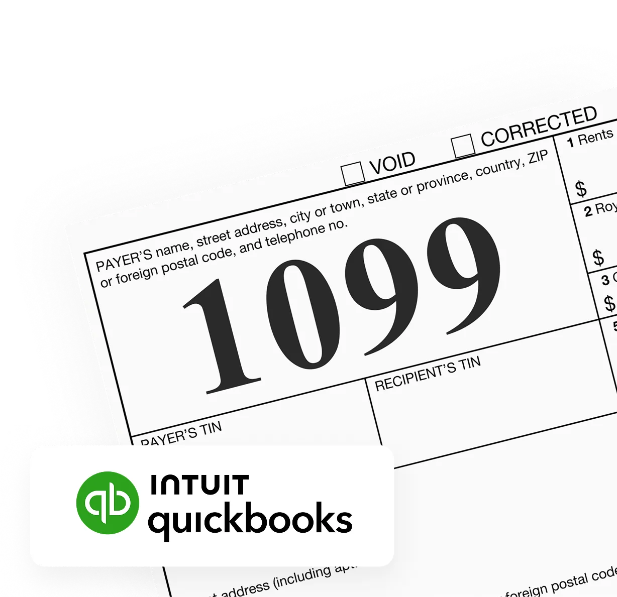 Top corner of a 1099 tax form with Intuit QuickBooks logo overlay.
