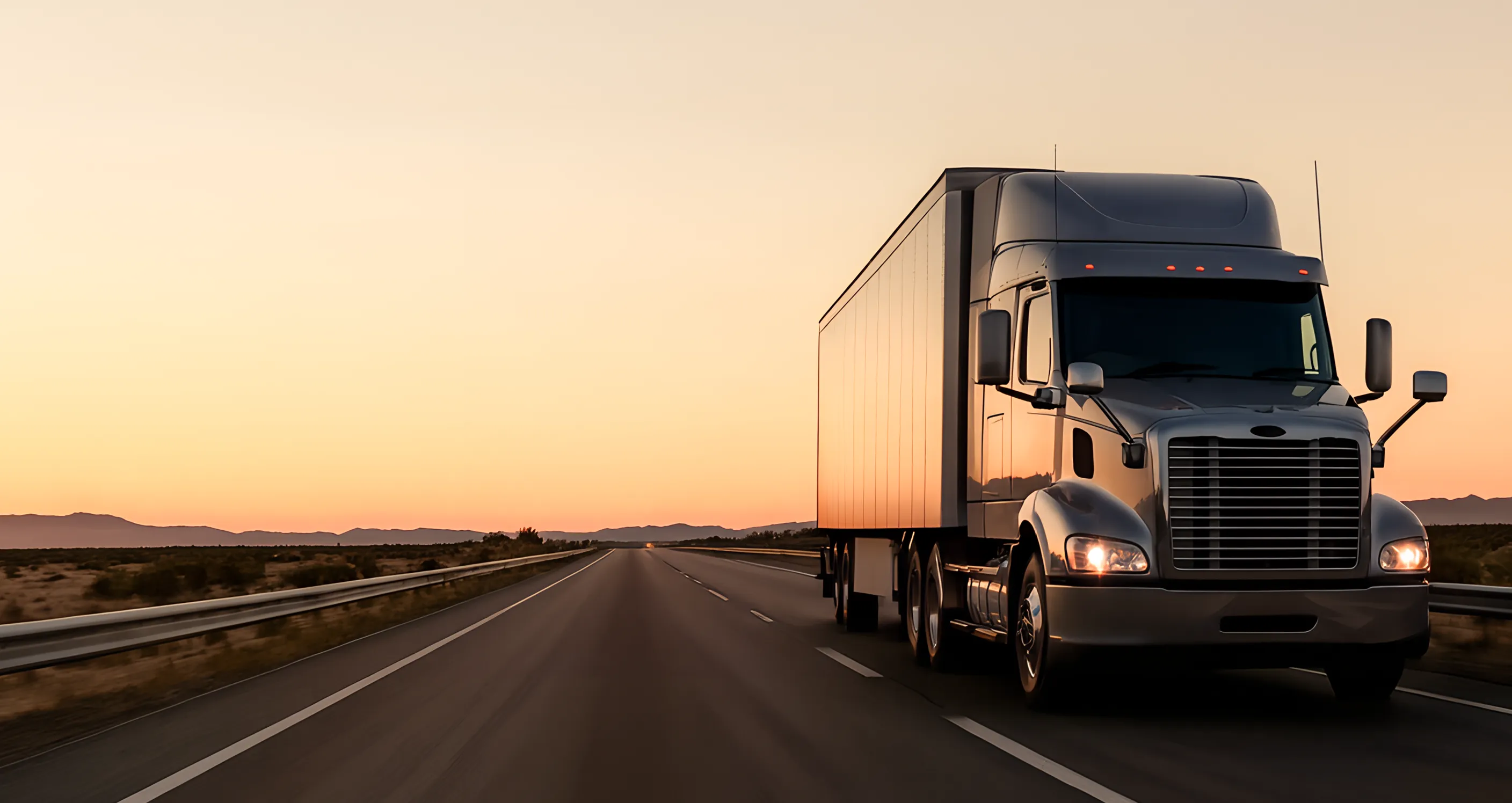 Large semi-truck driving on an empty highway at sunset with a clear sky and mountains in the background.