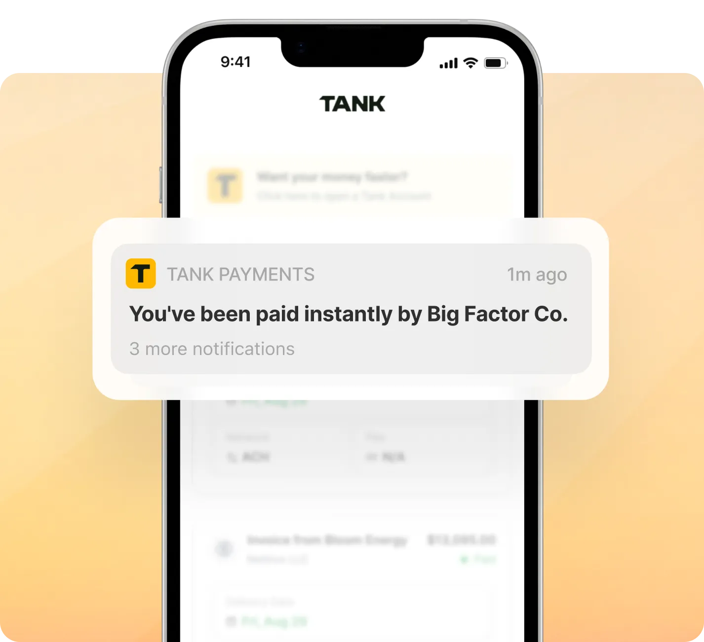 Smartphone screen showing a notification from TANK PAYMENTS stating You've been paid instantly by Big Factor Co.