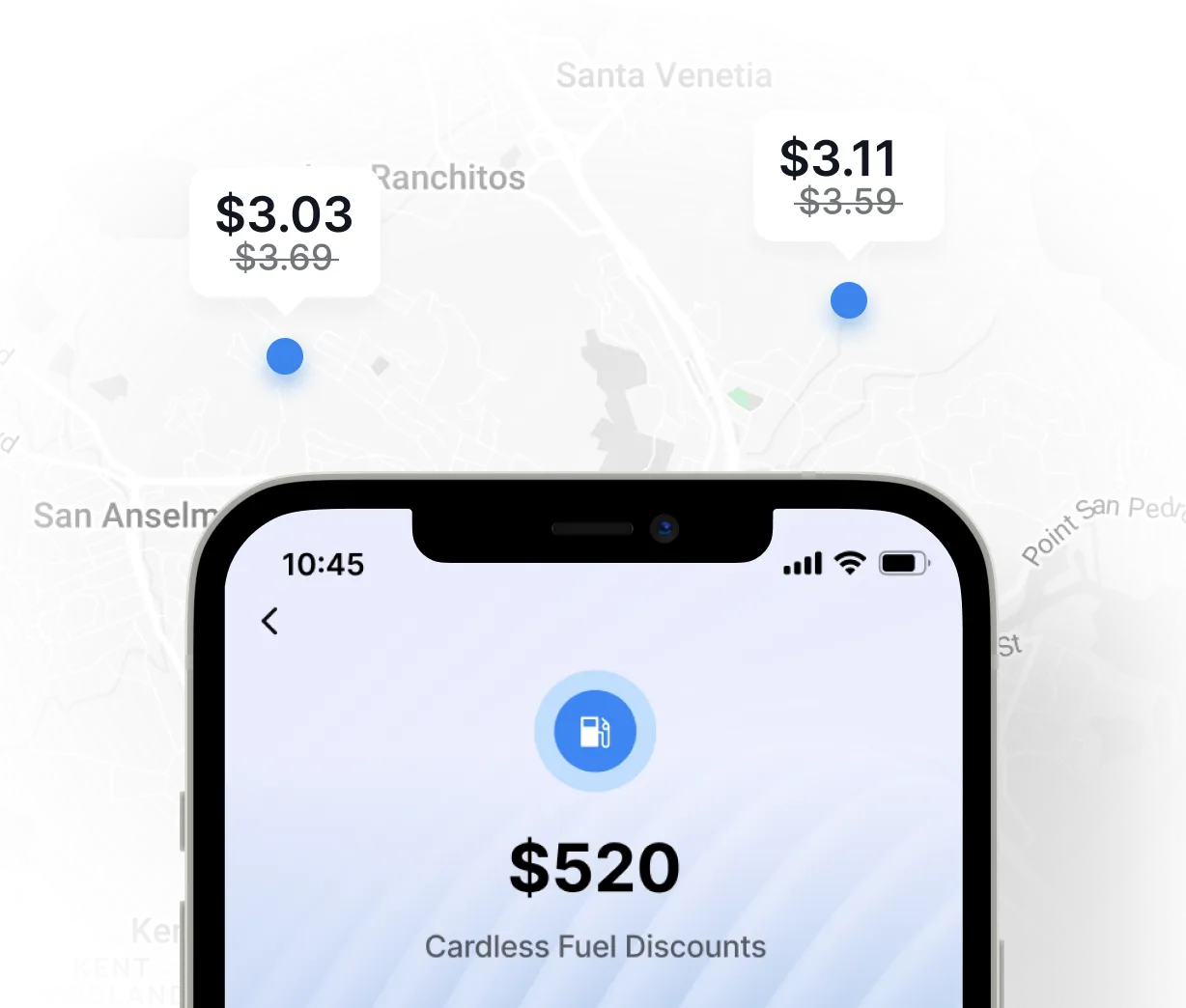 Smartphone screen showing $520 in cardless fuel discounts with a background map highlighting discounted fuel prices of $3.03 and $3.11 per gallon.