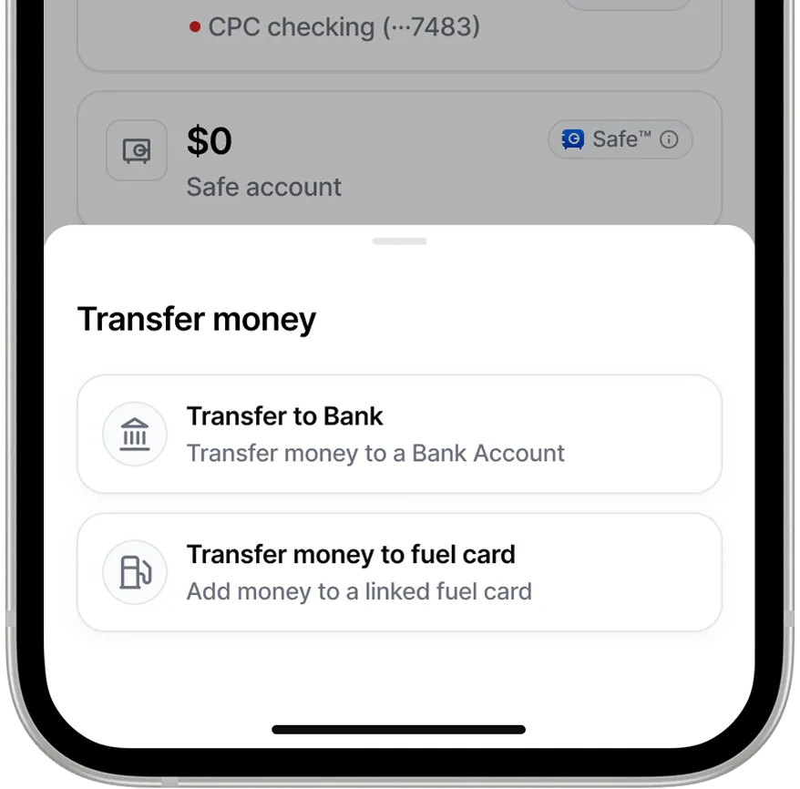 Mobile screen showing a transfer money menu with options to transfer to a bank account or to a linked fuel card.
