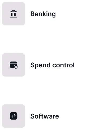 Icons and labels for Banking, Spend control, and Software options in a vertical list layout.