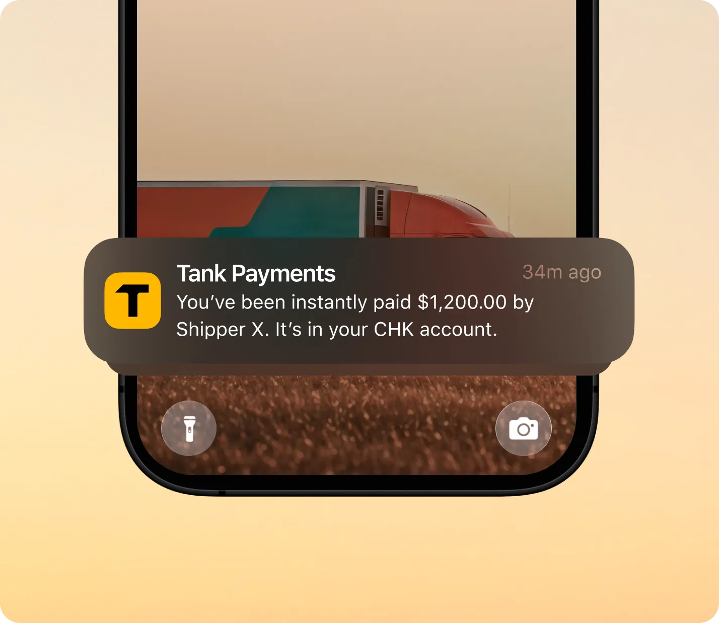 Smartphone screen showing a notification from Tank Payments about an instant $1,200.00 payment by Shipper X to a CHK account.
