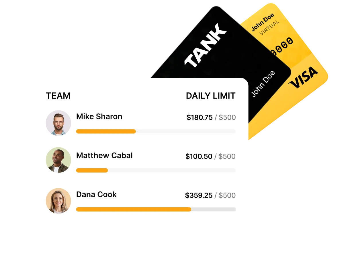 Dashboard showing daily spending limits for team members Mike Sharon, Matthew Cabal, and Dana Cook, with progress bars and two credit cards behind.
