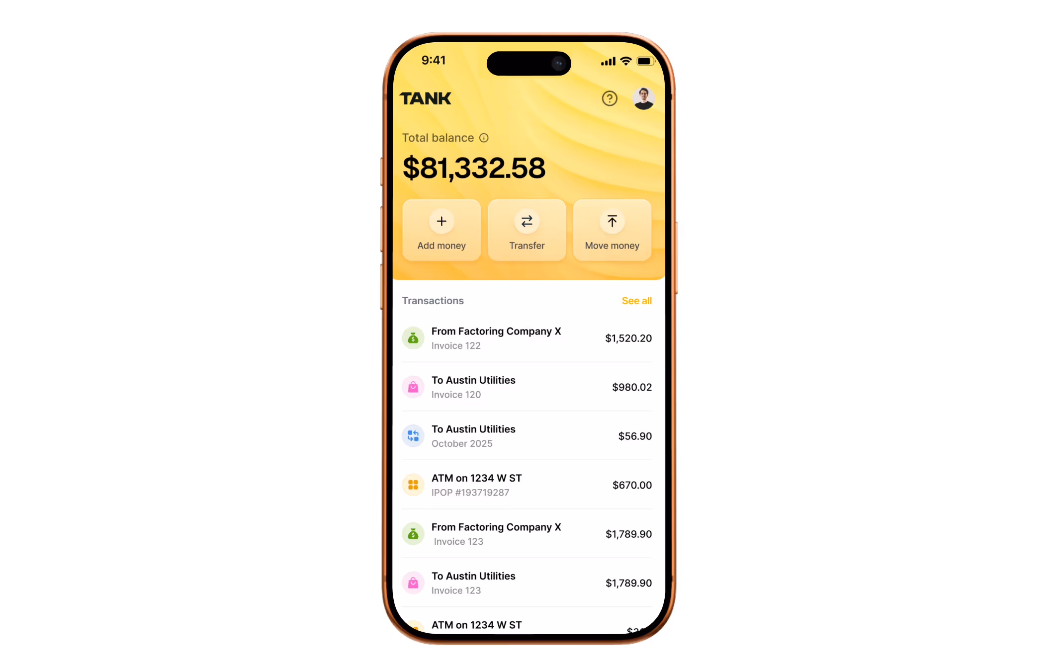 Mobile banking app screen showing a total balance of $81,332.58, with buttons for Add money, Transfer, and Move money, and a list of recent transactions including payments to and from companies and utilities.