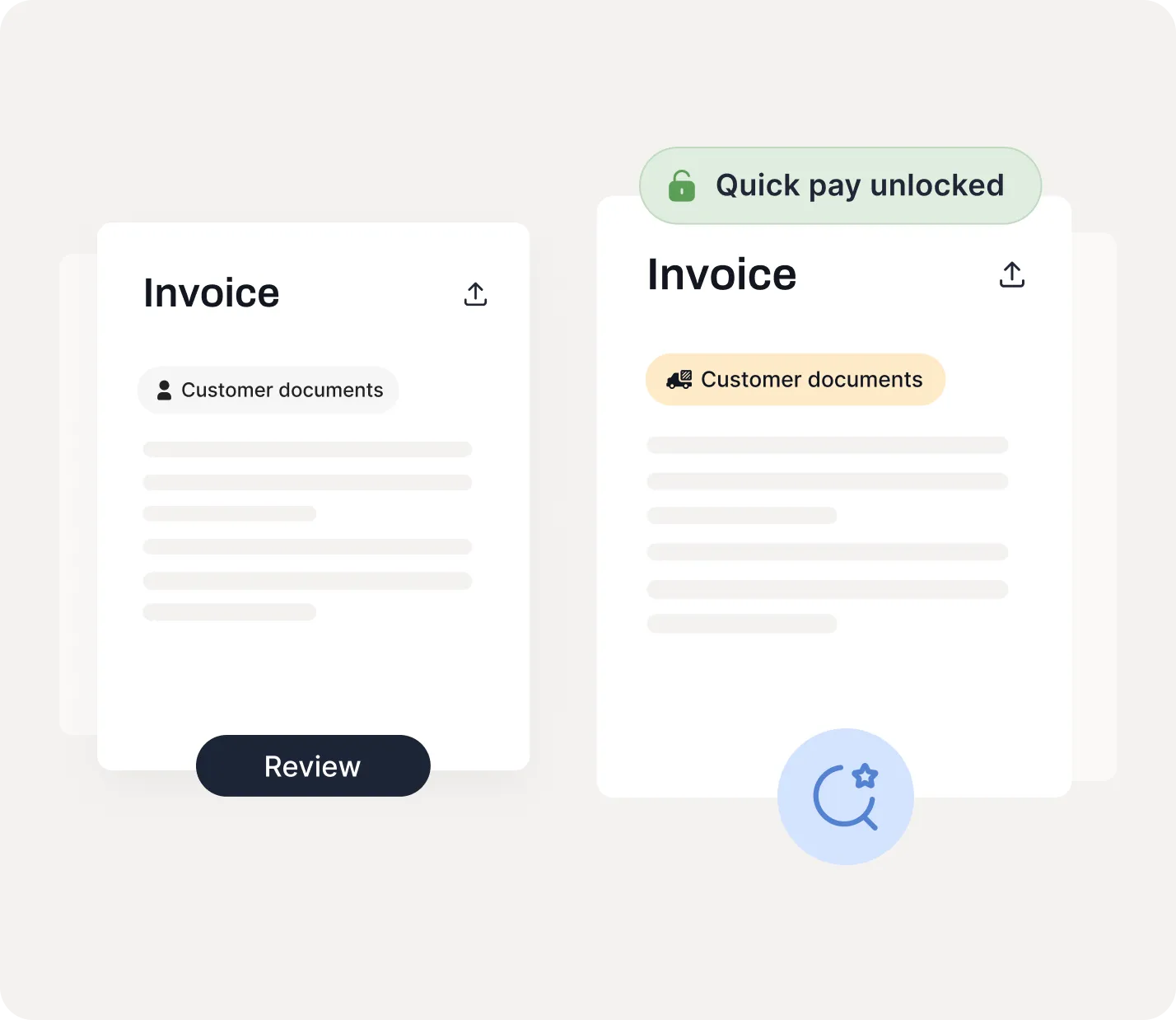 Two digital invoice cards side by side, one labeled 'Customer documents' with a Review button, the other showing 'Quick pay unlocked' with a truck icon and search icon below.