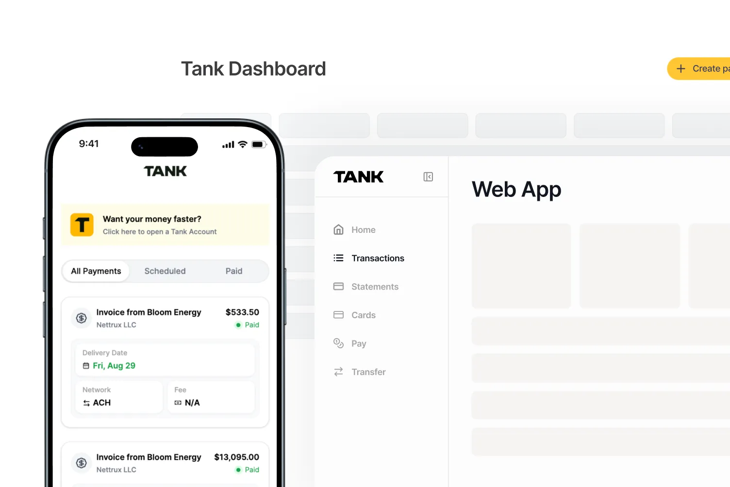 Mobile and web dashboard interfaces of Tank financial app showing payment transactions and menu options.