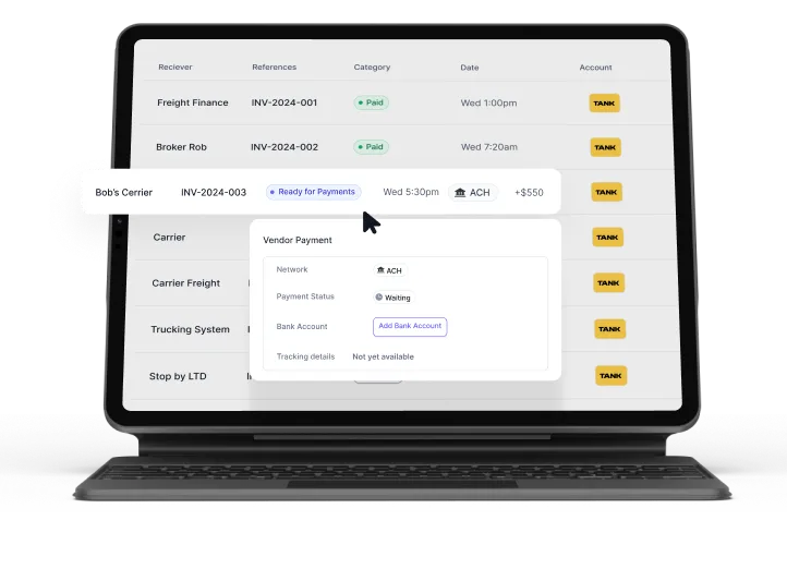 Laptop screen showing a payment tracking interface with a list of shipments, including statuses like 'Paid' and 'Ready for Payments,' and a vendor payment detail popup for ACH network with waiting status.