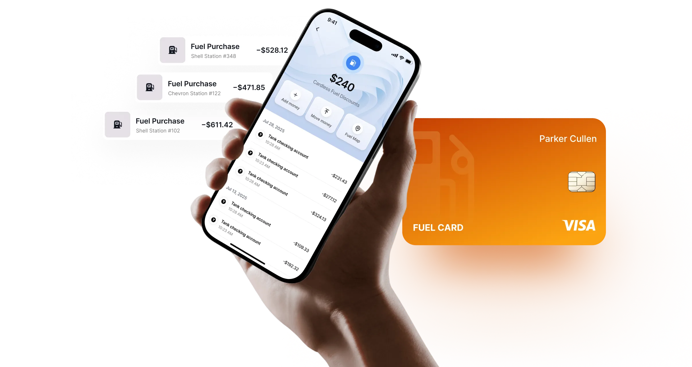 Hand holding a smartphone displaying a fuel discount app with recent transactions, next to an orange Visa fuel card labeled Parker Cullen.