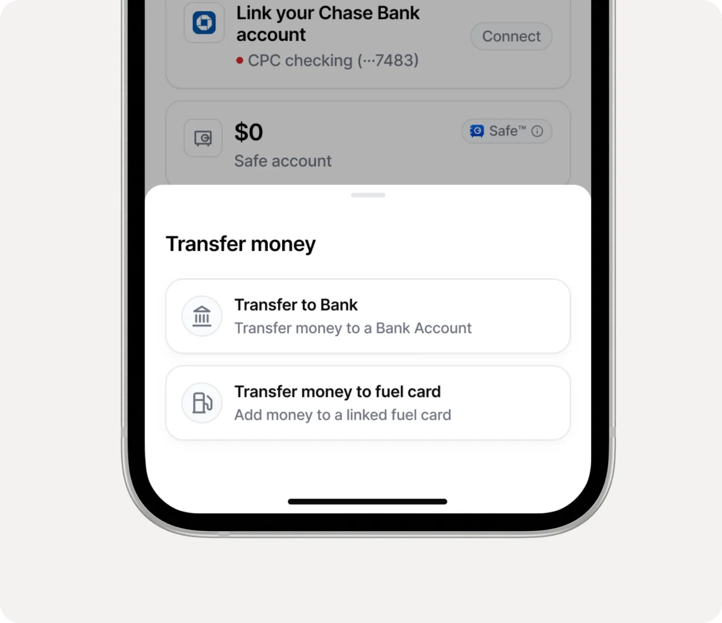 Mobile screen showing a 'Transfer money' menu with options to transfer to a bank account or add money to a linked fuel card.