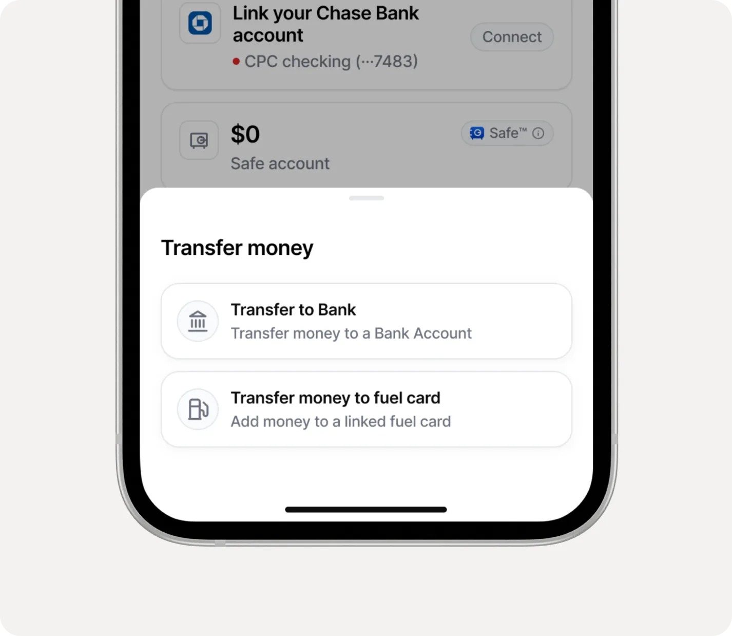 Mobile screen showing a 'Transfer money' menu with options to transfer to a bank account or add money to a linked fuel card.