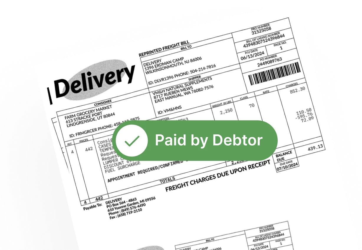 Delivery invoice document with a green banner stating 'Paid by Debtor' and a checkmark.