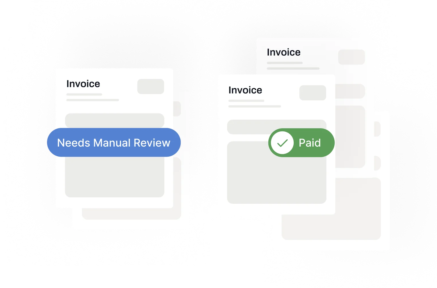 Two stacks of invoices, the left stack labeled 'Needs Manual Review' in blue, the right stack labeled 'Paid' with a green checkmark.