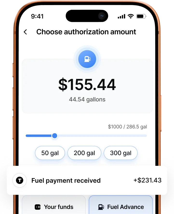 Mobile screen showing a fuel authorization app with an amount of $155.44 for 44.54 gallons selected, slider for fuel amount, preset buttons for 50, 200, and 300 gallons, and a notification saying fuel payment received with +$231.43.