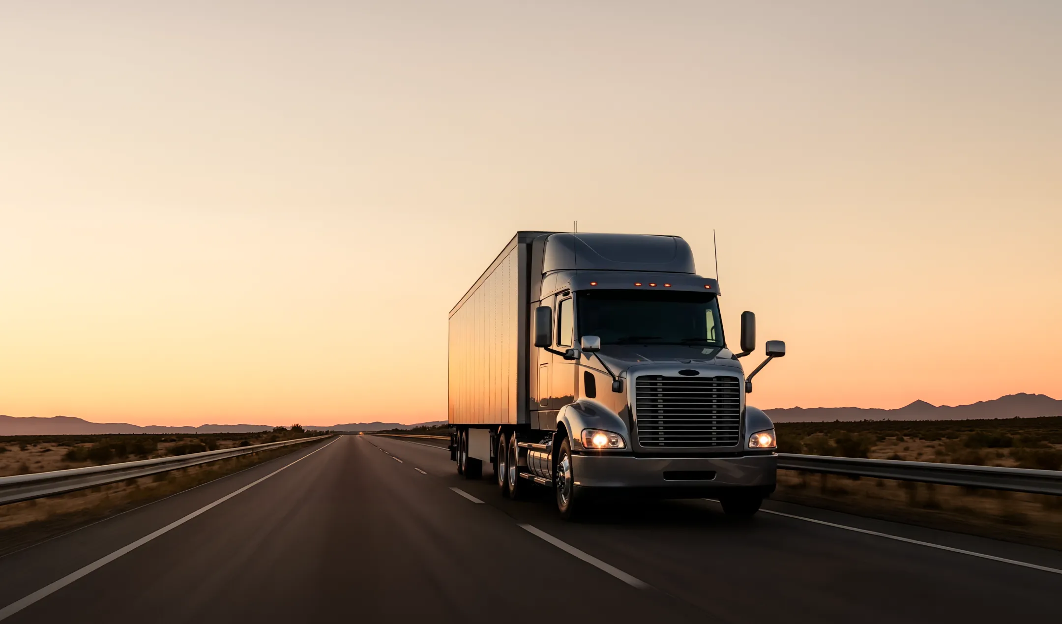 A semi-truck driving on an empty highway at sunset with mountains in the background.