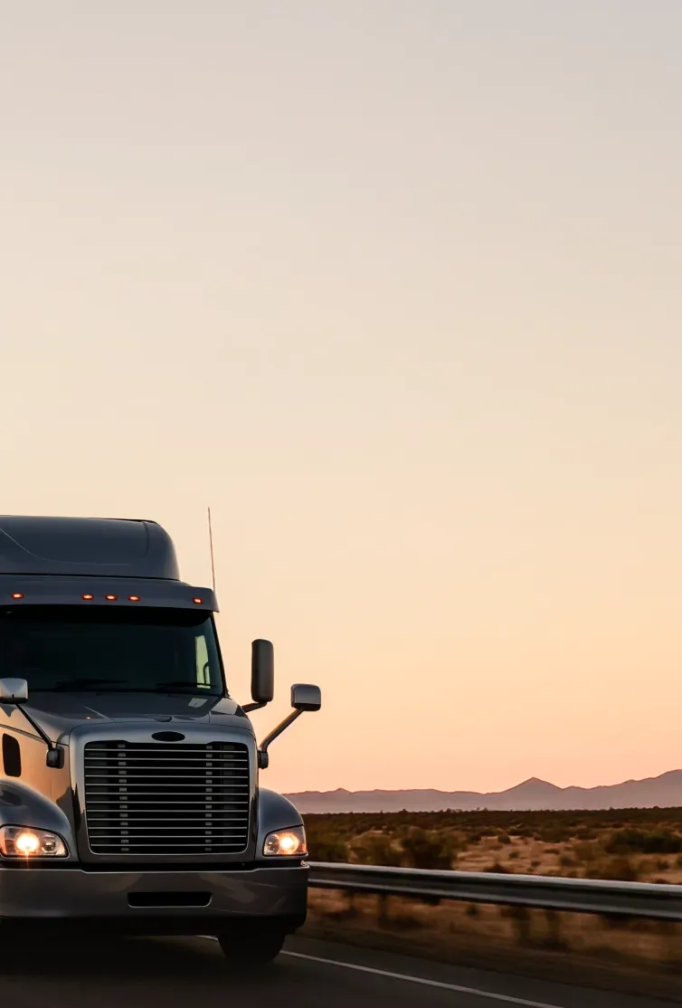 Silver semi-truck driving on highway at sunset with mountains in the background.