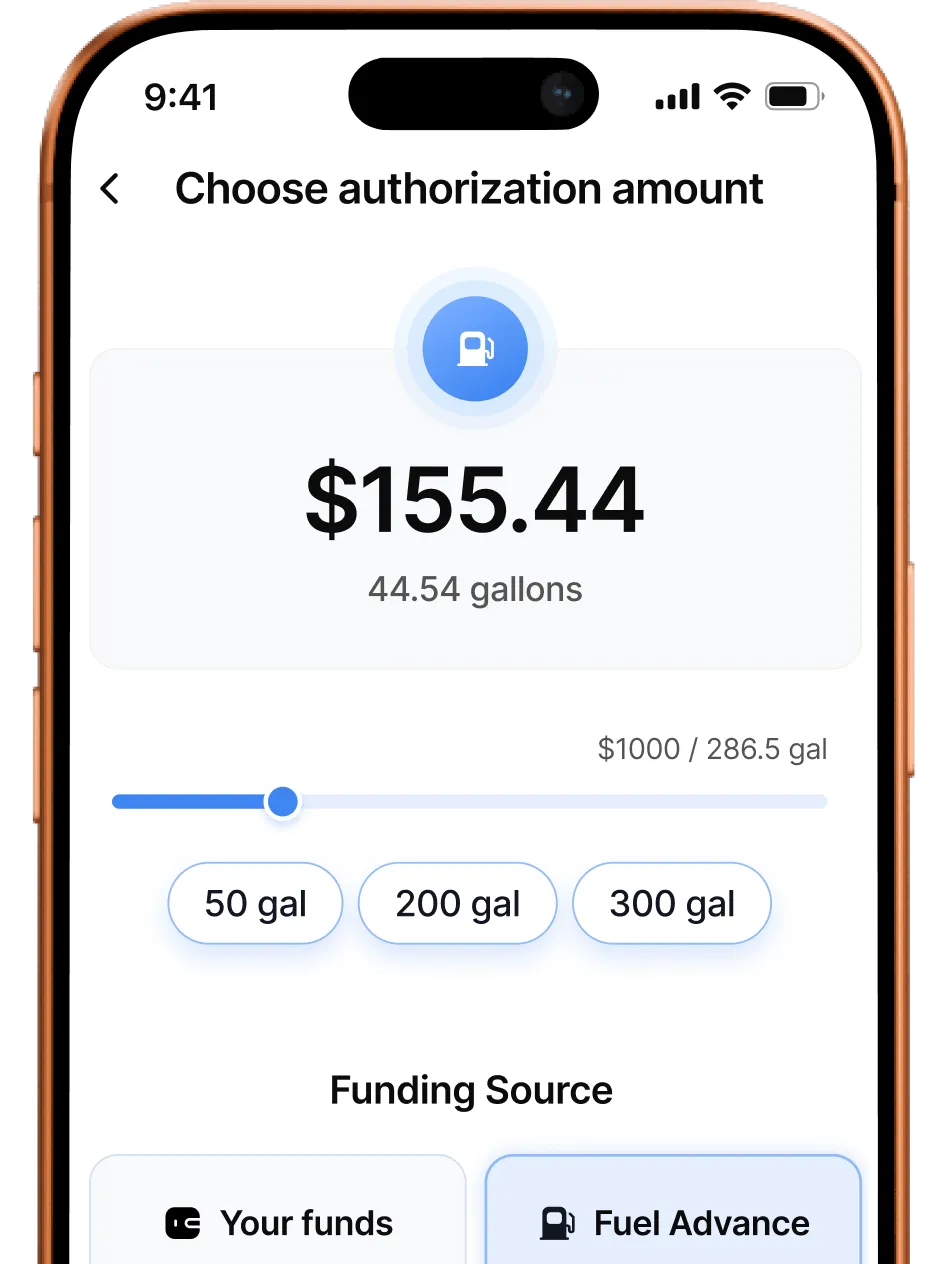 Mobile screen showing fuel authorization amount set to $155.44 for 44.54 gallons with slider and options for 50, 200, and 300 gallons and funding sources.