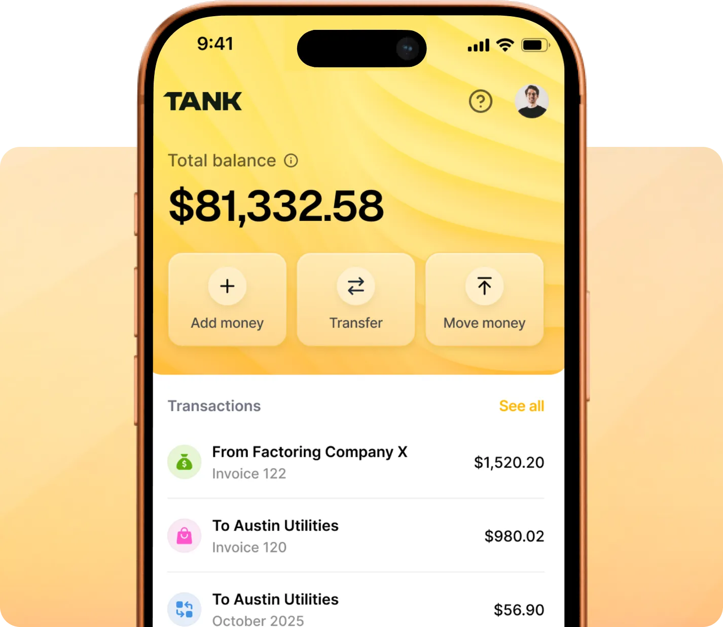 Mobile banking app screen showing a total balance of $81,332.58 with options to add, transfer, or move money and a list of recent transactions.