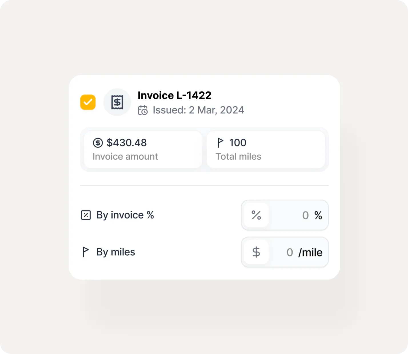 Invoice L-1422 issued on 2 Mar 2024 showing $430.48 invoice amount and 100 total miles with 0% by invoice and $0 per mile rates.