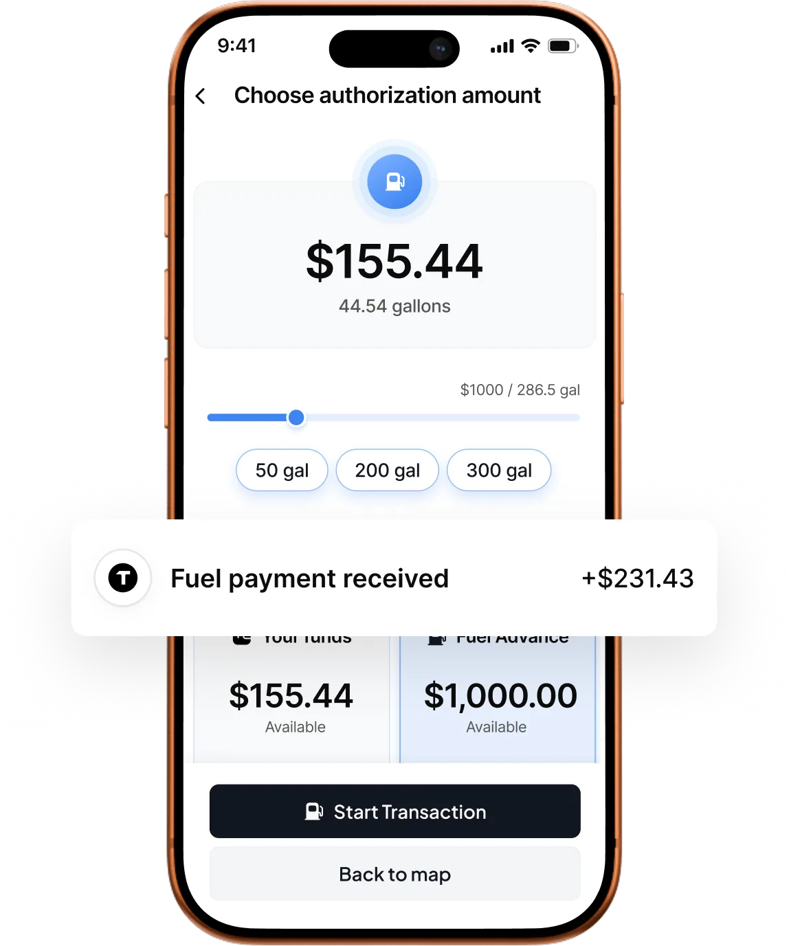 Smartphone screen showing a fuel payment app with $155.44 selected for 44.54 gallons and a notification of $231.43 fuel payment received.