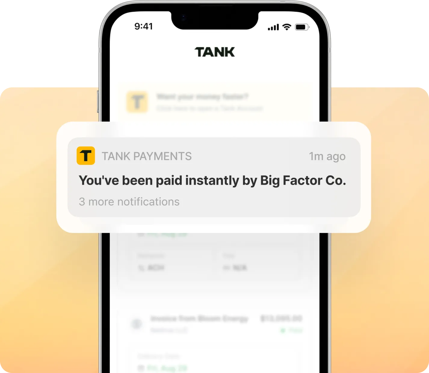 Smartphone screen showing a notification from TANK PAYMENTS stating, 'You've been paid instantly by Big Factor Co.' with a timestamp of 1 minute ago.