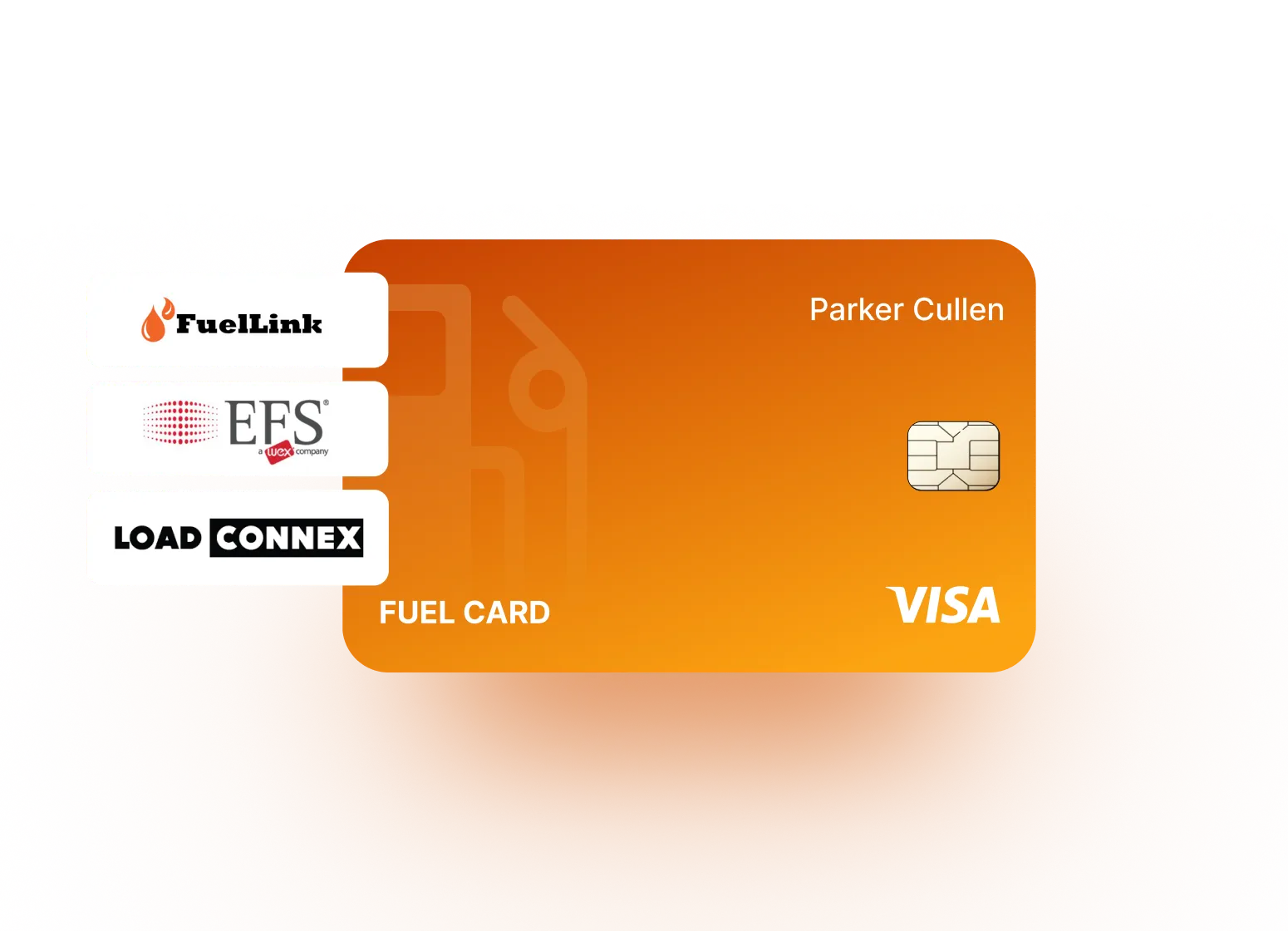 Orange Visa fuel card with the name Parker Cullen and logos for FuelLink, EFS, and Load Connex.