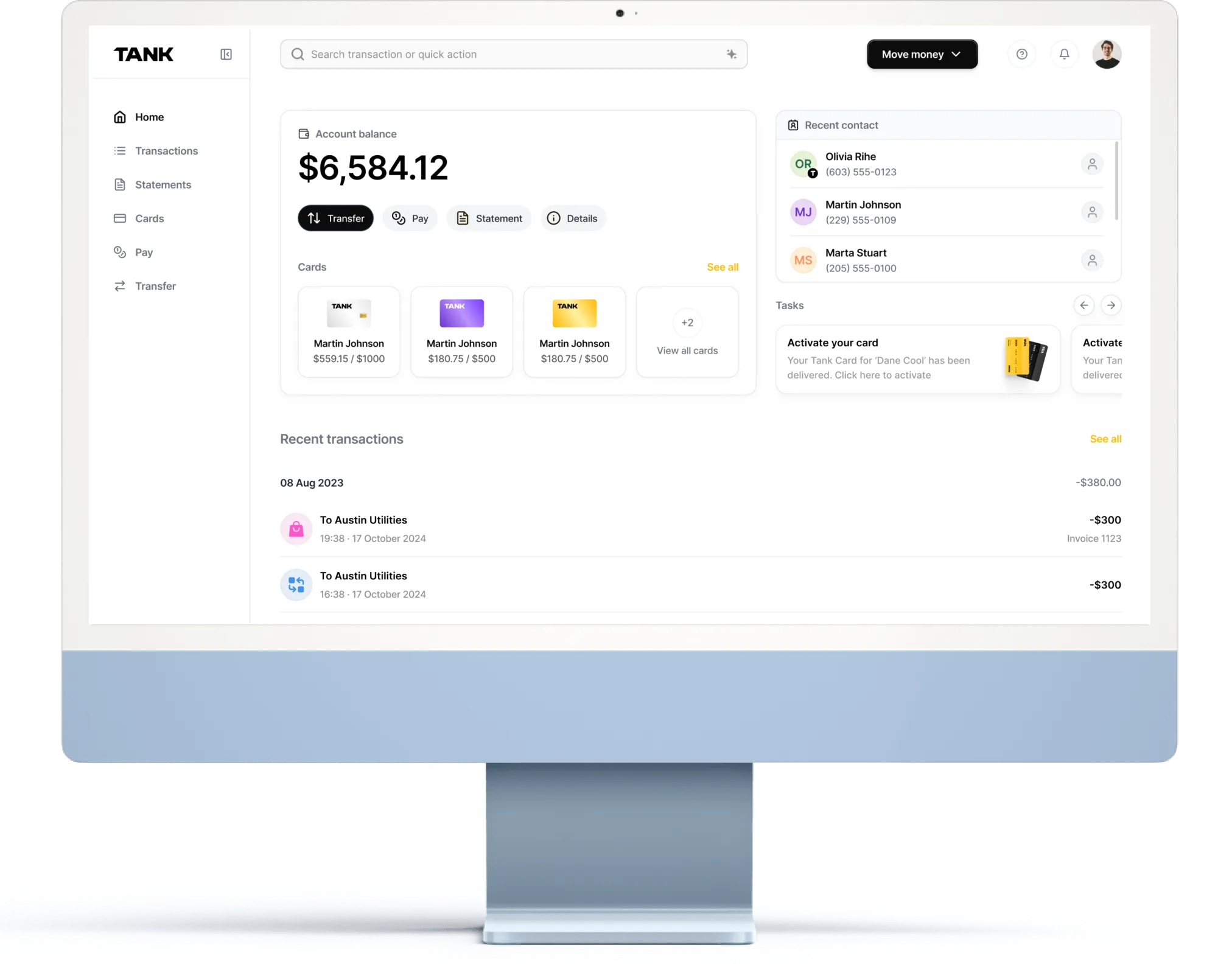 Desktop computer screen displaying a banking dashboard with account balance $6,584.12, recent transactions, cards, and contacts.