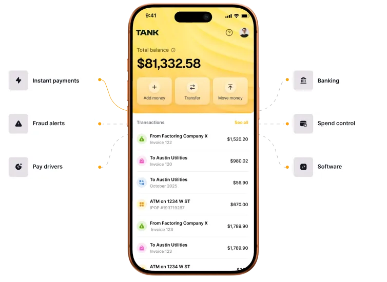 Mobile banking app screen showing total balance of $81,332.58 with options to add money, transfer, and move money, plus a list of recent transactions and labeled features like instant payments, fraud alerts, pay drivers, banking, spend control, and software.