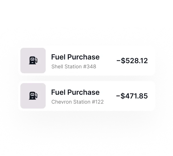 Two transaction records showing fuel purchases: $528.12 at Shell Station #348 and $471.85 at Chevron Station #122, each with a gas pump icon.