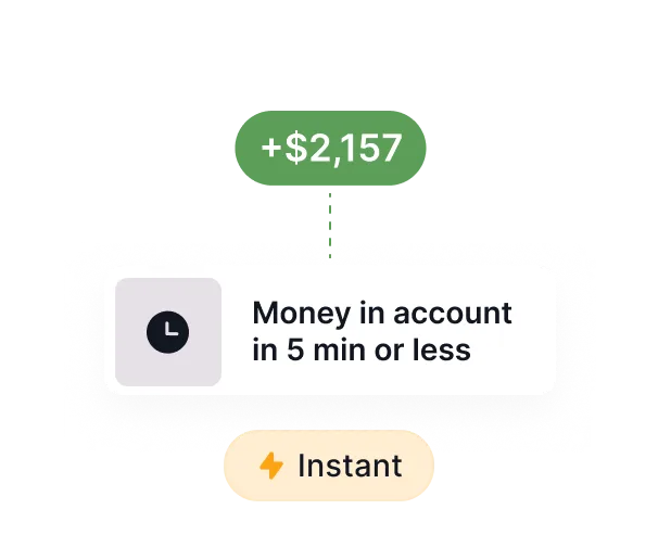 Notification showing +$2,157 with text 'Money in account in 5 min or less' and a label 'Instant' with a lightning bolt icon.