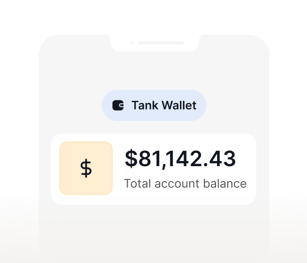 Smartphone screen showing Tank Wallet with a total account balance of $81,142.43.