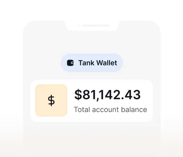 Smartphone screen showing Tank Wallet with a total account balance of $81,142.43.