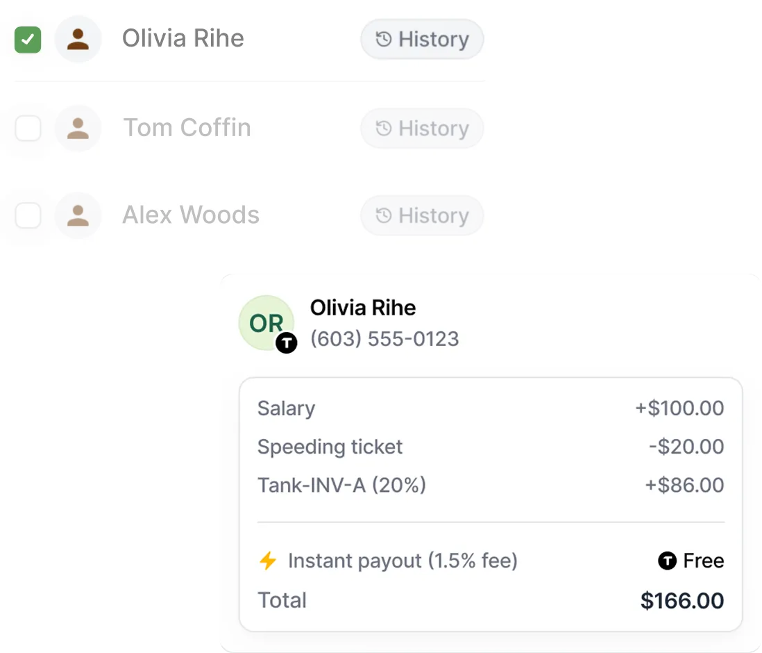 User list with names Olivia Rihe, Tom Coffin, and Alex Woods, Olivia is selected; payout summary for Olivia Rihe shows salary +$100, speeding ticket -$20, investment +$86, with total $166 and instant payout free of 1.5% fee.