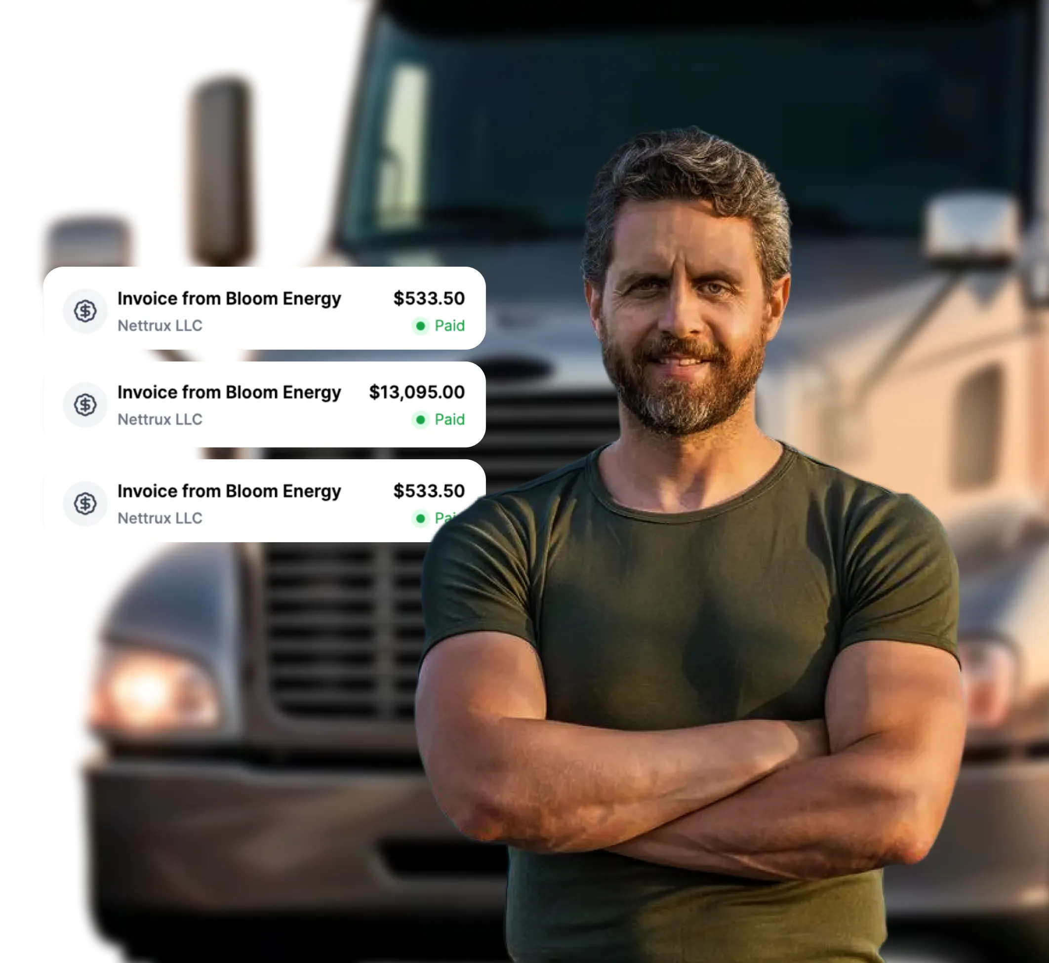 Smiling bearded man in green shirt stands with arms crossed in front of a blurred truck, with three digital invoice notifications displayed on the left side.