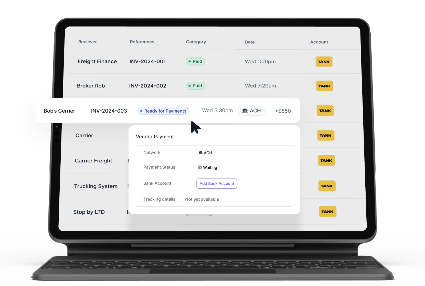 Tablet screen showing a payment management interface with a highlighted row for Bob’s Carrier invoice ready for payments and a vendor payment popup detailing ACH network, waiting payment status, and add bank account option.
