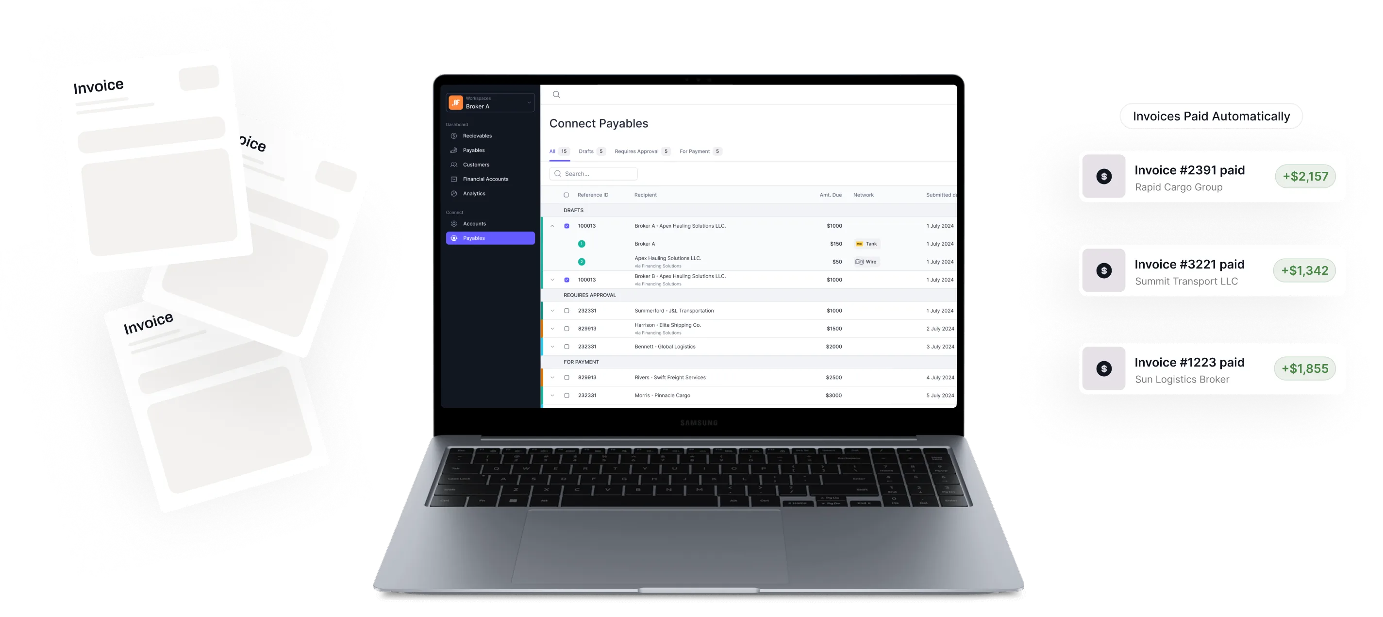 Laptop displaying a payables management dashboard with invoice details and statuses, flanked by floating invoice papers on the left and a list of automatically paid invoices with amounts on the right.