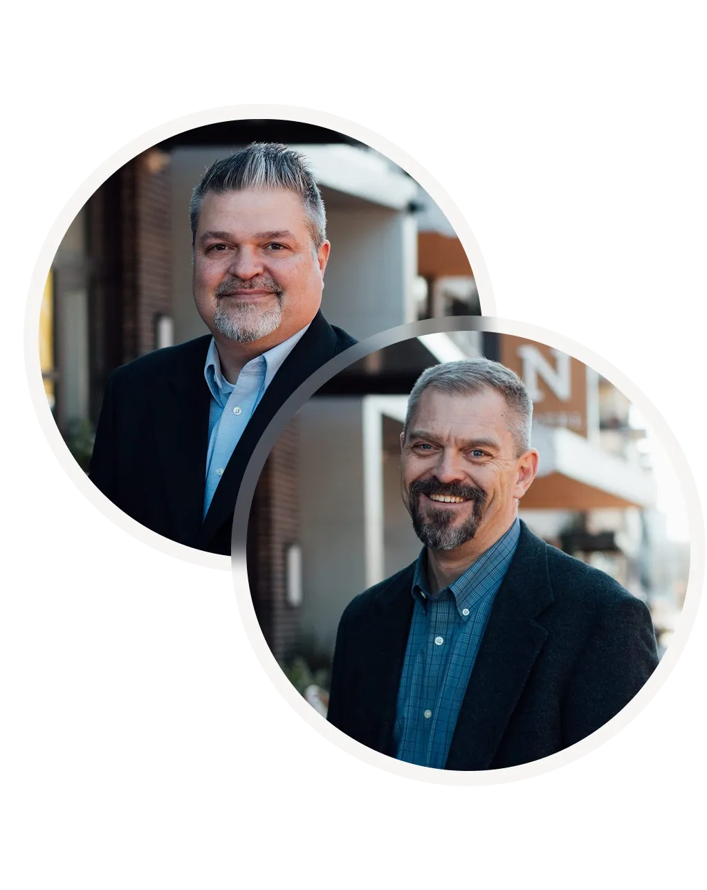 Portraits of two middle-aged men wearing blazers and collared shirts, smiling in an outdoor urban setting.