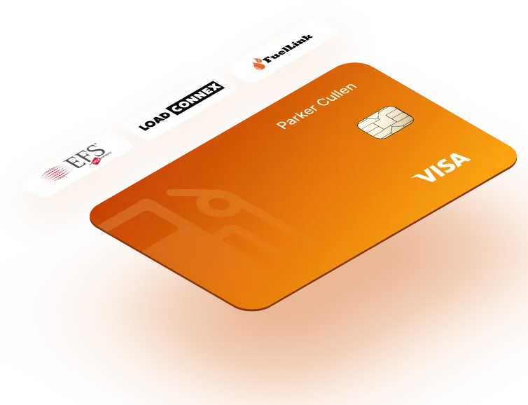 Orange Visa credit card with chip, labeled with name Parker Cullen and logos for EFS, LoadConnex, and Fuelink above it.