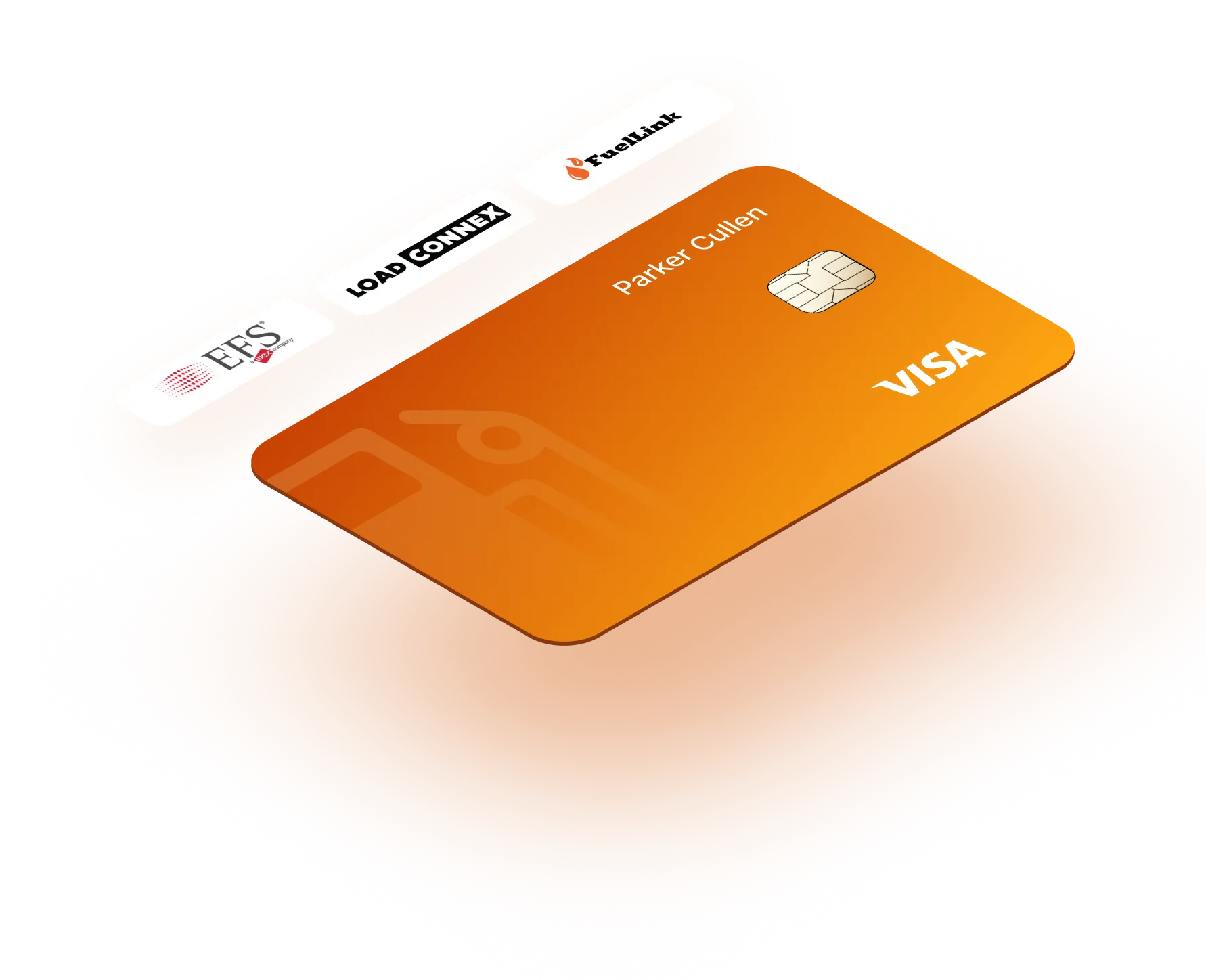 Orange Visa card with chip, showing the name Parker Cullen, accompanied by logos of EFS, Load Connex, and FuelLink.
