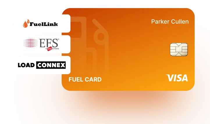 Orange Fuel Card with chip, displaying logos for FuelLink, EFS, Load Connex, and Visa, and the name Parker Cullen.