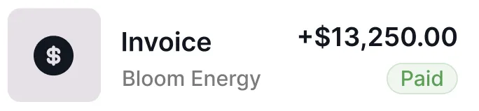Invoice from Bloom Energy showing amount $13,250.00 marked as Paid.