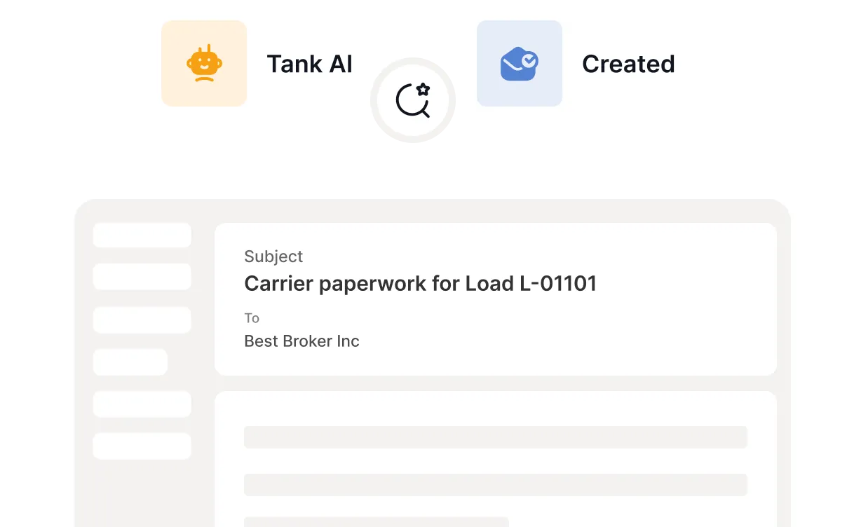 Email interface showing subject line 'Carrier paperwork for Load L-01101' sent to Best Broker Inc with Tank AI and Created icons above.
