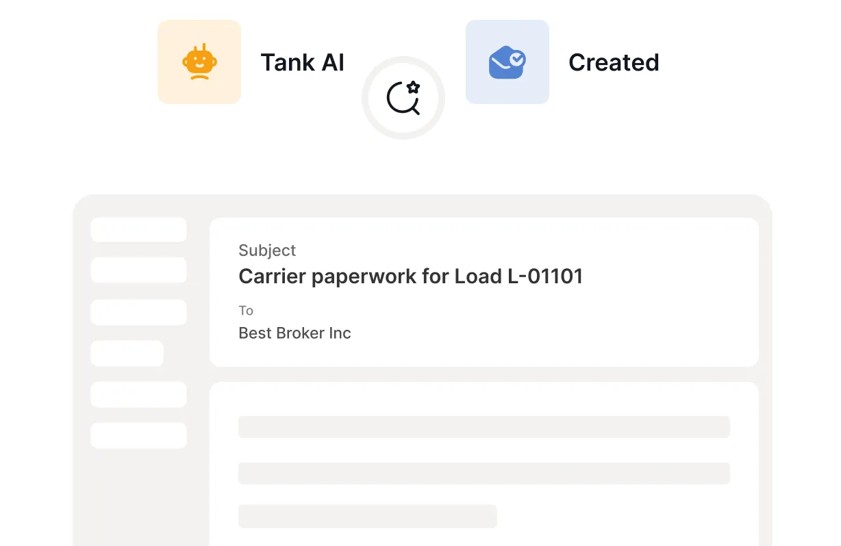 Email interface showing subject 'Carrier paperwork for Load L-01101' addressed to Best Broker Inc, with filters for Tank AI and Created applied.
