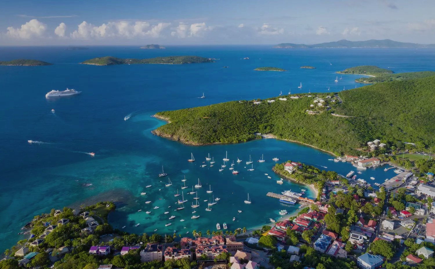 Cruz Bay waterfront, St. John USVI, where Starfish Market and the main shopping district are located
