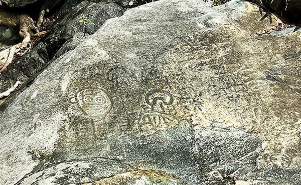 Taino petroglyph carvings on rock face at Reef Bay, Virgin Islands National Park, St. John