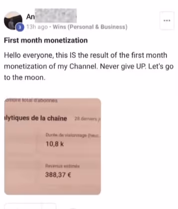 Screenshot of a social media post celebrating first month monetization, showing 10.8k watch hours and estimated earnings of 388.37 euros.