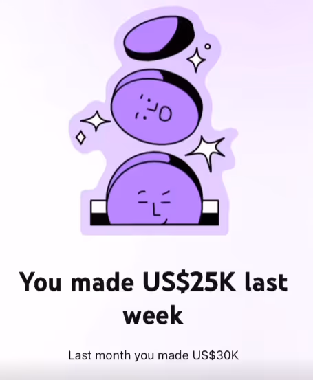 Graphic of three purple coins with faces stacked vertically and text below saying 'You made US$25K last week' and 'Last month you made US$30K'.